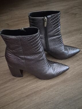 Marc Fisher Metallic Gray Croc-Embossed Pointed Ankle Boots